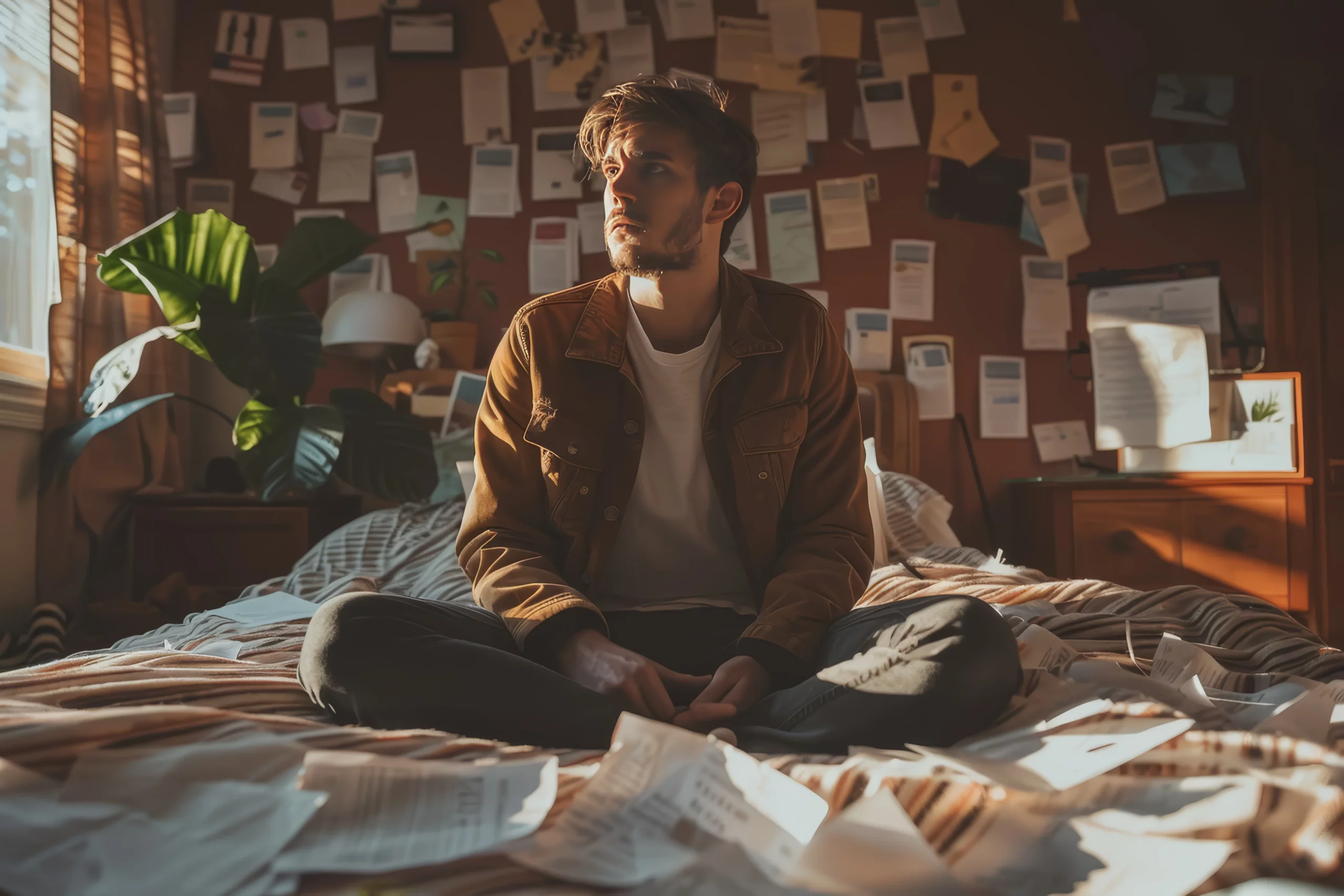 Fotografija čovjeka pod stresom koji sjedi na svom krevetu s razbacanim papirima po sobi samozapošljavanje